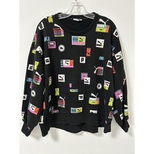 Puma Sweatshirt Med Black All Over Print Puma Graphic Streetwear Womens Oversize